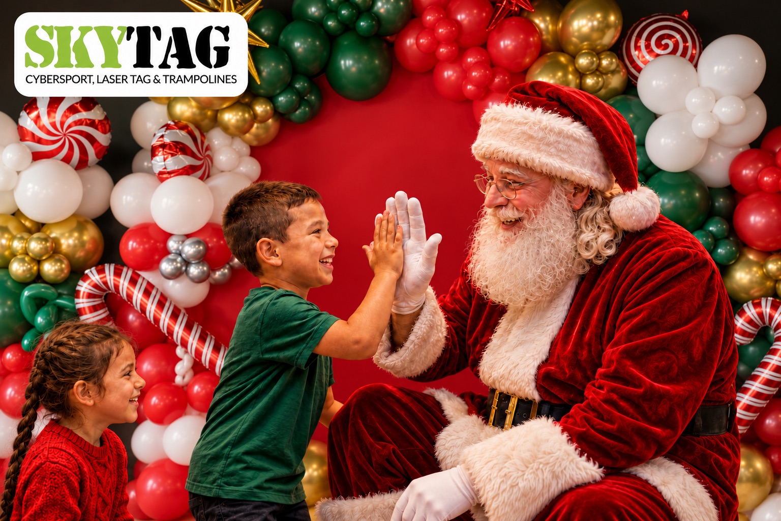 Kids high-fiving Santa at the holiday balloon booth at SkyTag Montreal